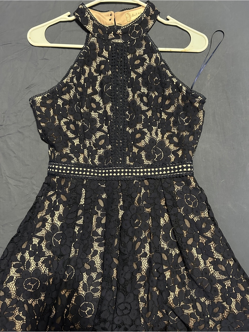 Black Floral Lace Overlay Nude Lined Halter Dress
